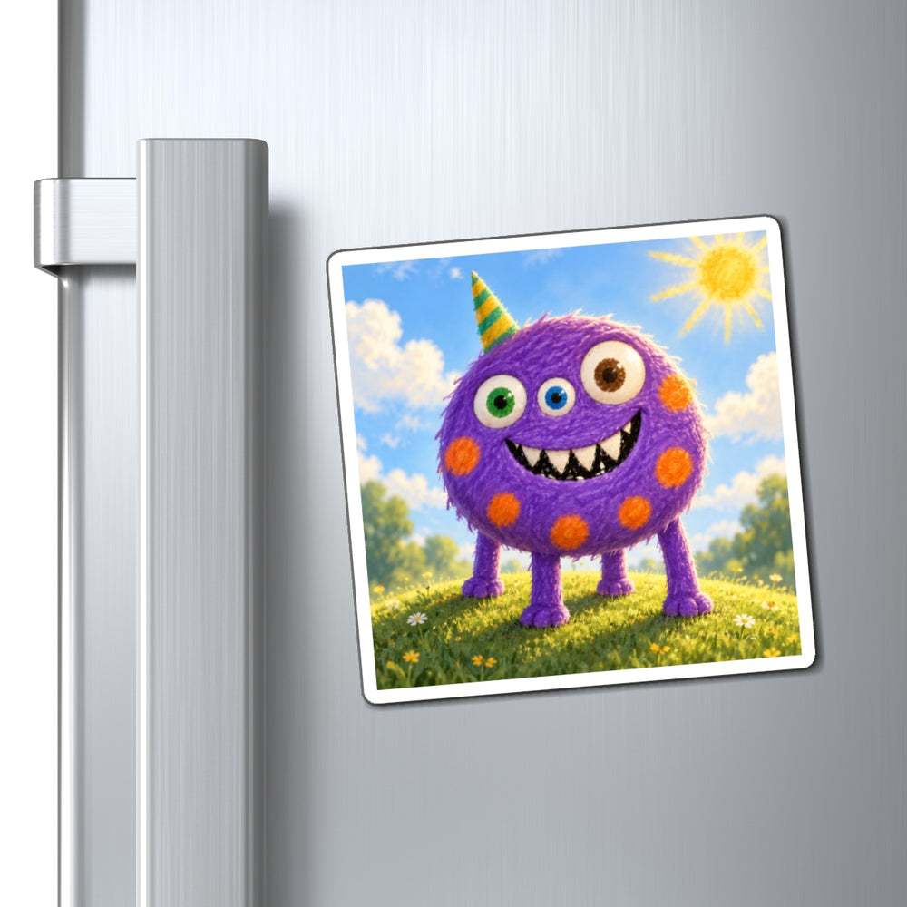 A child's monster drawing printed as a square magnet, stuck on a fridge door