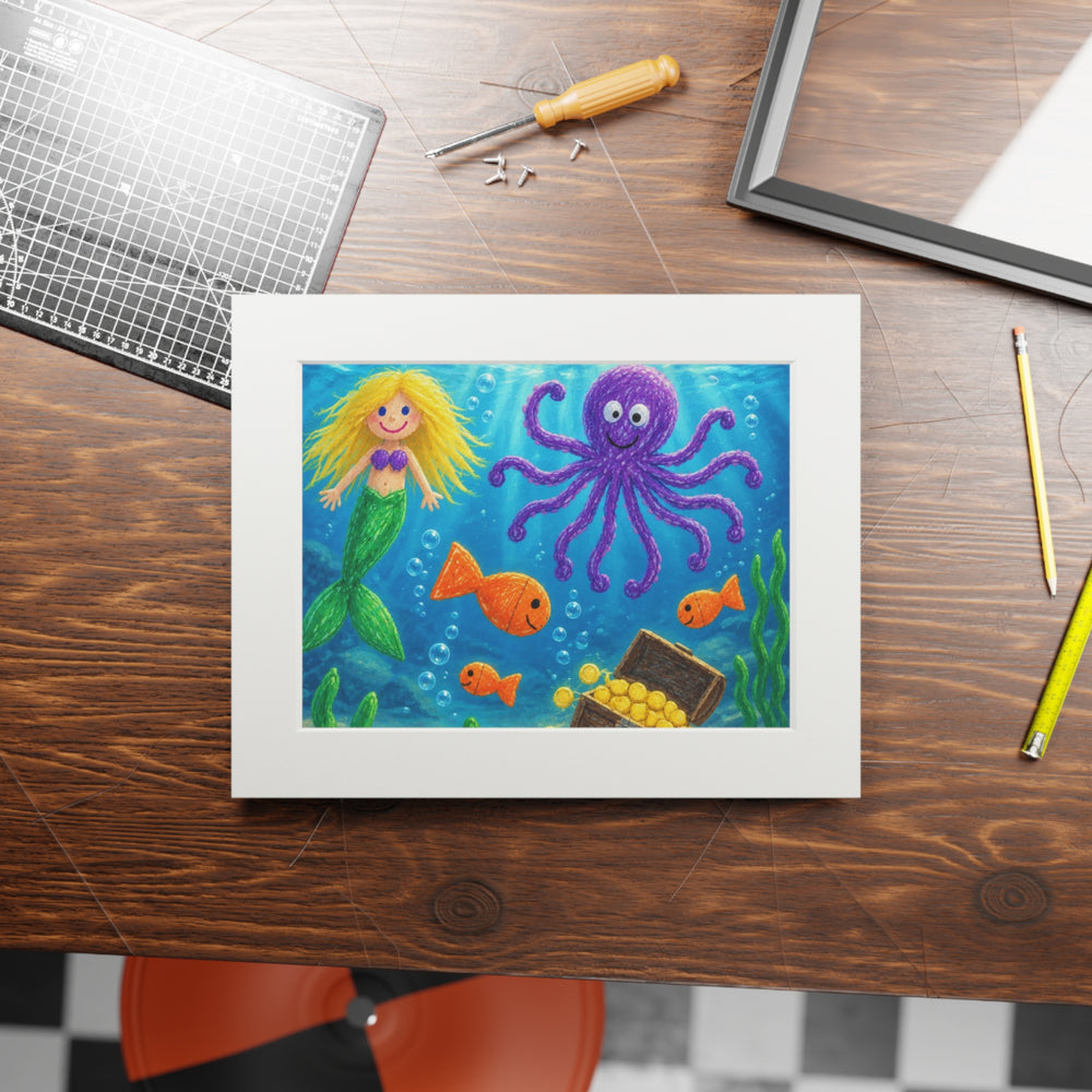 A child's underwater drawing printed on heavy matte paper, lying on a wooden desk