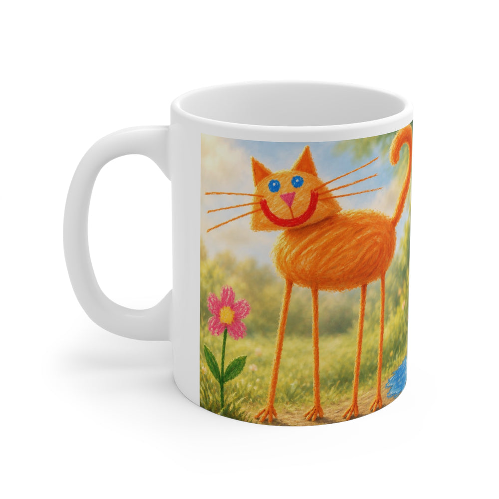 A child's orange cat drawing printed all the way around a white ceramic mug
