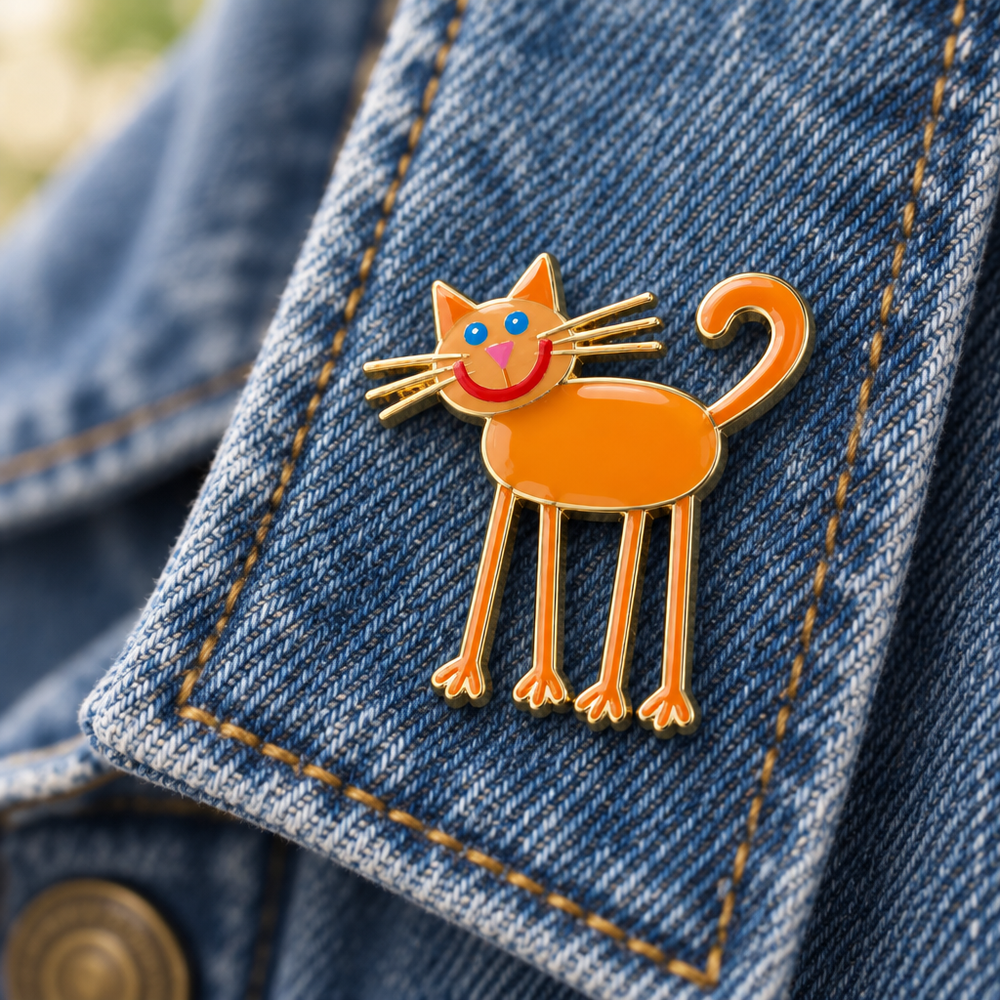 A hard enamel pin badge of a child's orange cat drawing, pinned to a denim jacket