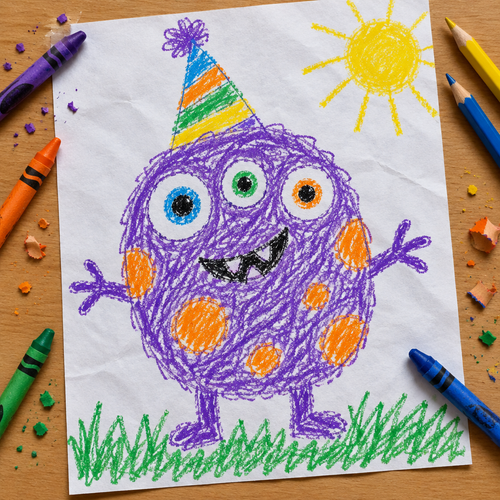 A child's crayon drawing of a three-eyed monster on paper, surrounded by crayons and coloured pencils — this is what you send us