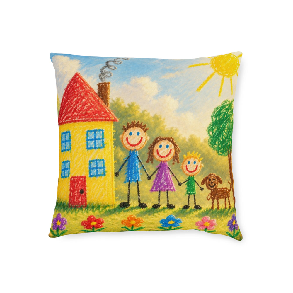 A child's drawing of a house and family printed on a square cushion cover