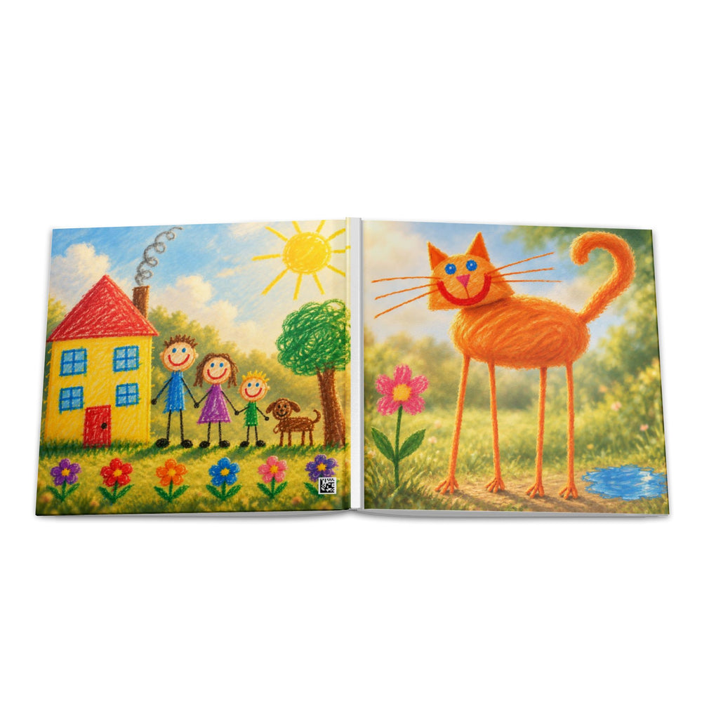 A hardback book lying open, a child's drawing printed across both pages