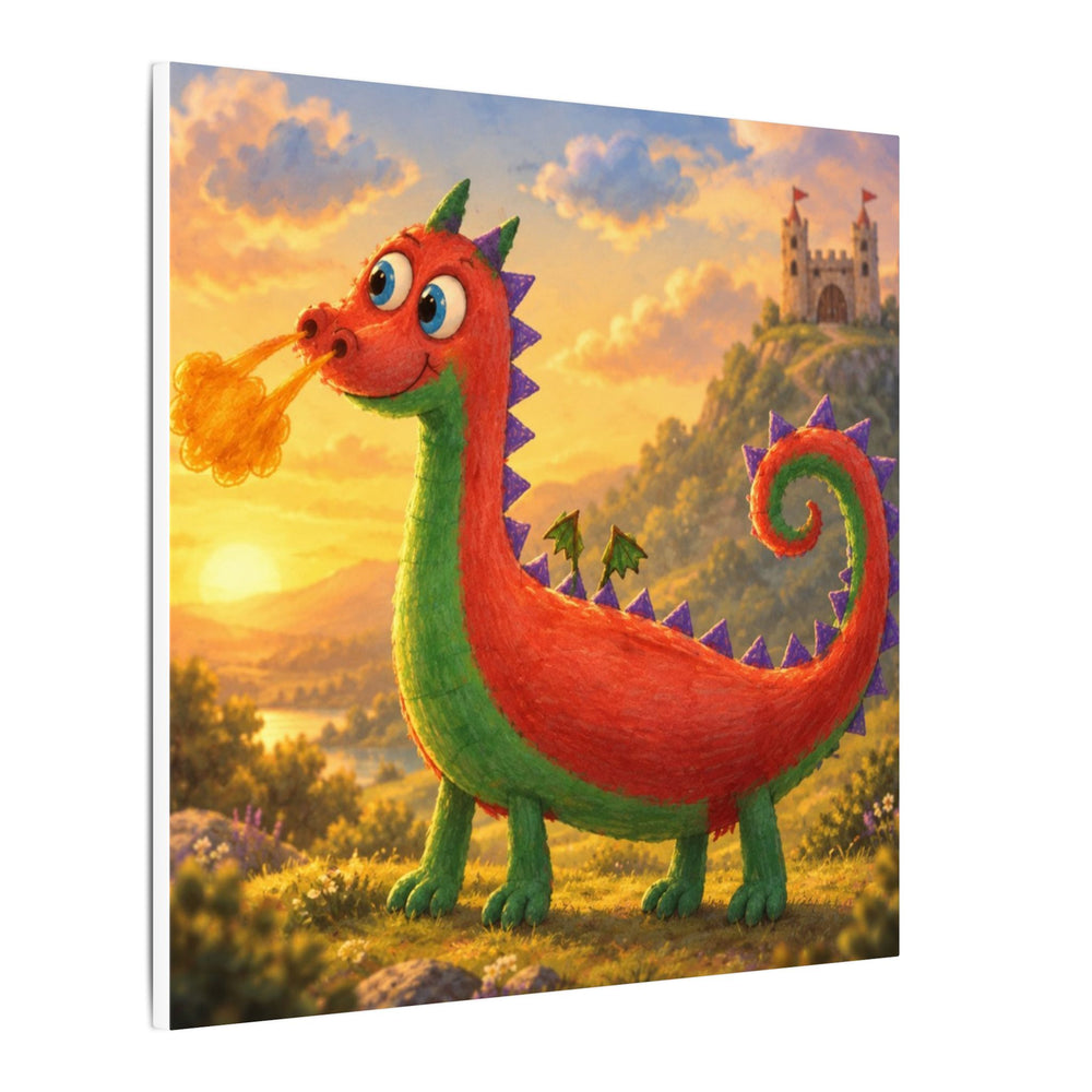 A child's dragon drawing printed on a stretched canvas, shown at an angle so you can see the wooden frame edge