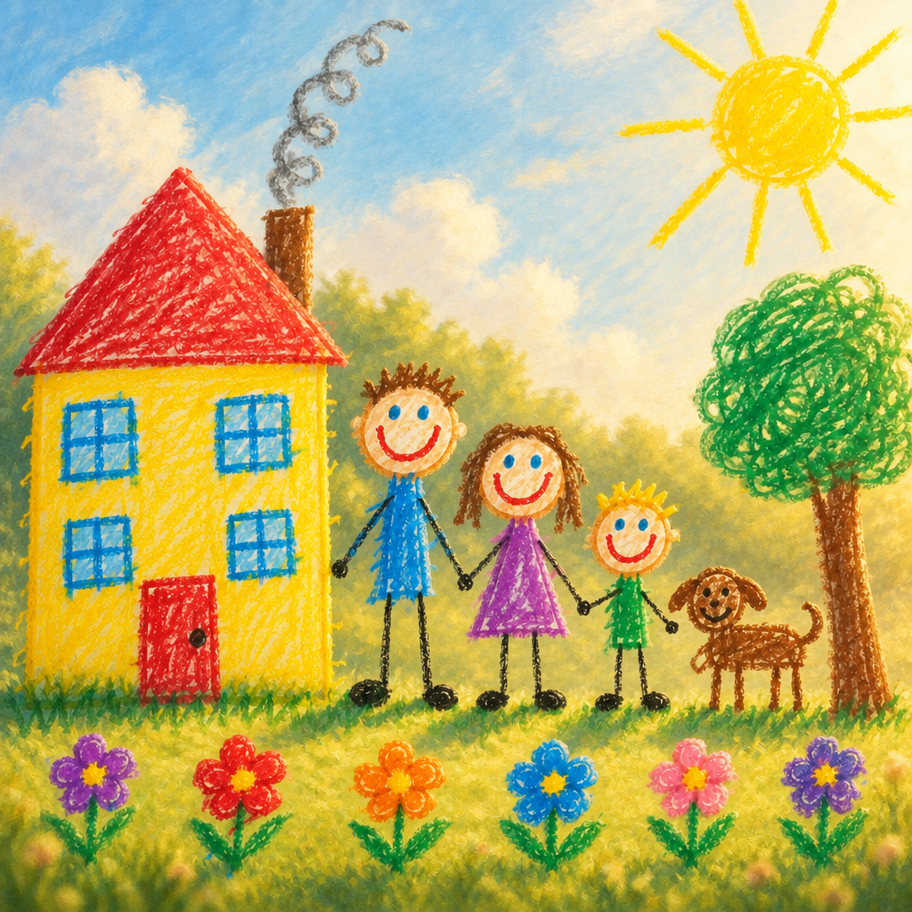A family scene illustration of the kind printed on a cushion