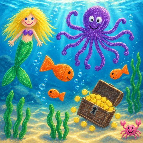 An underwater scene illustrated from a child's drawing